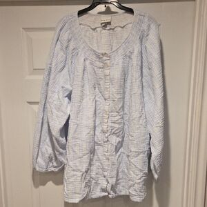 Blue and White Button-Up Blouse